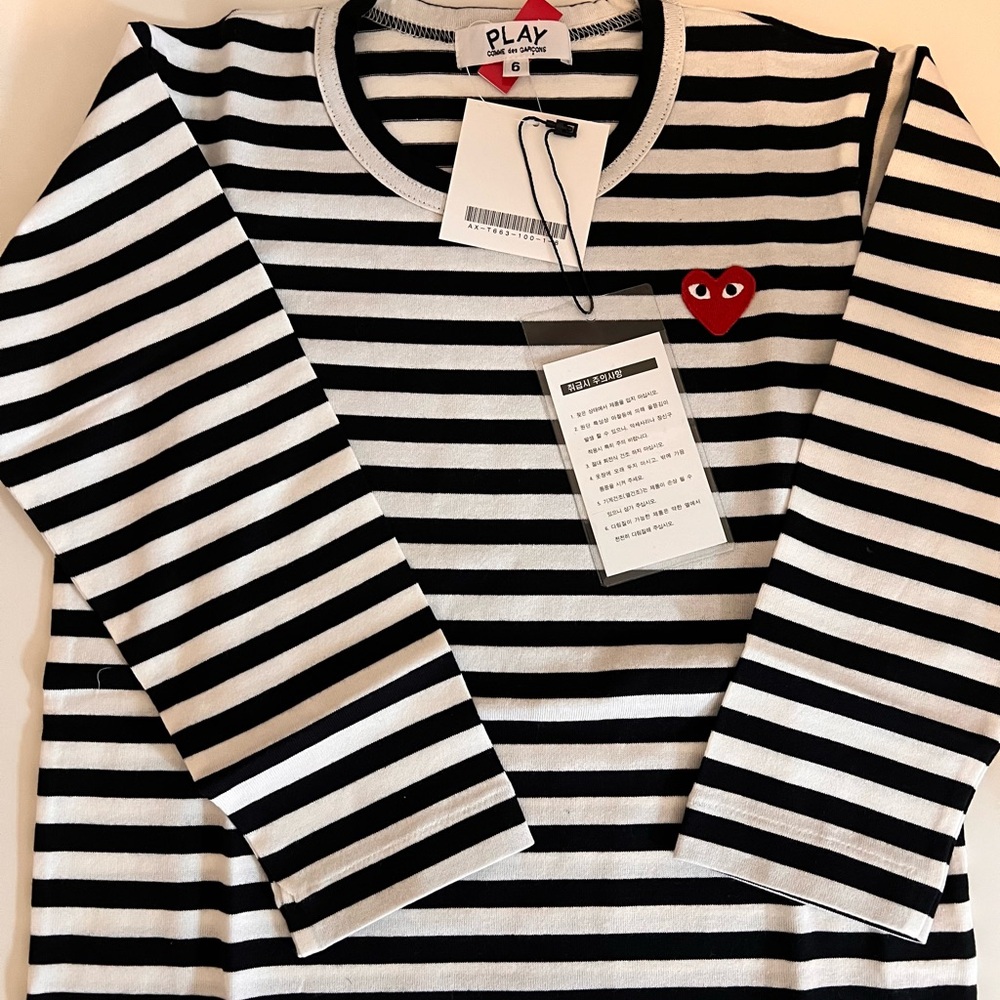 Comme des Garcons Kids Black and White Striped Tee with Red Heart